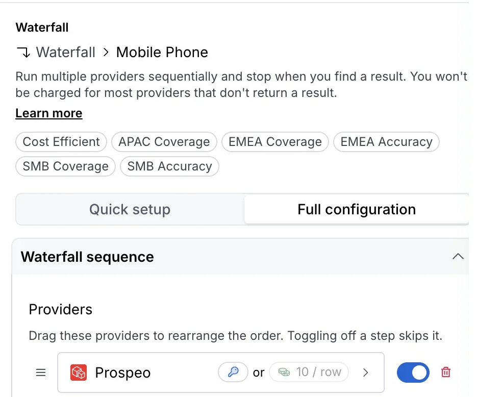 Screenshot of the Growth Cab Clay workspace: the mobile phone waterfall of the same table, with Prospeo first on our own key