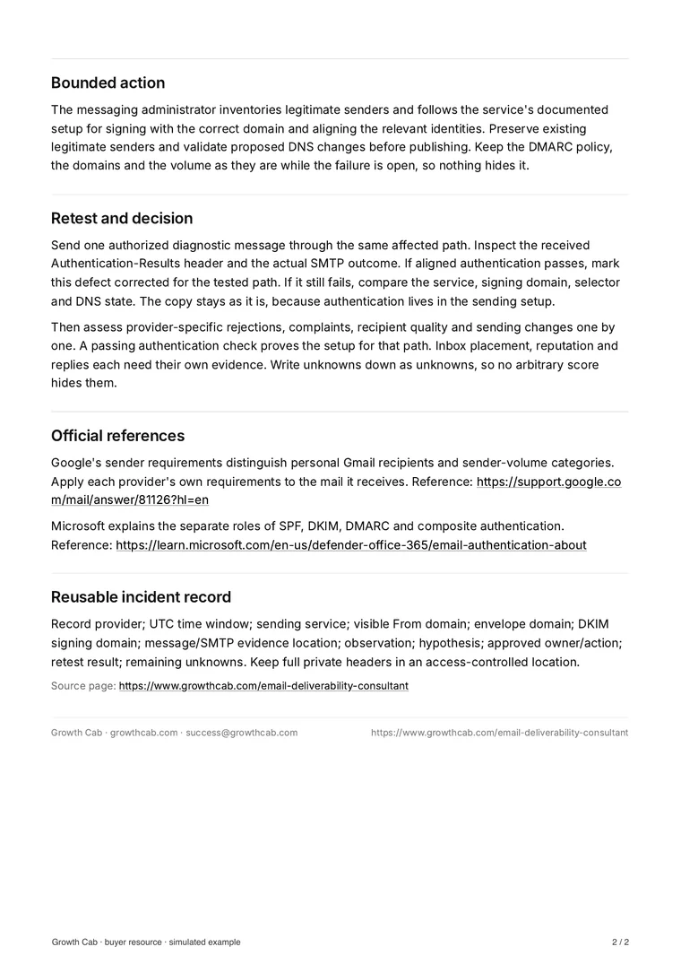 Page 2 of the Growth Cab deliverability diagnosis: action, retest and the incident template