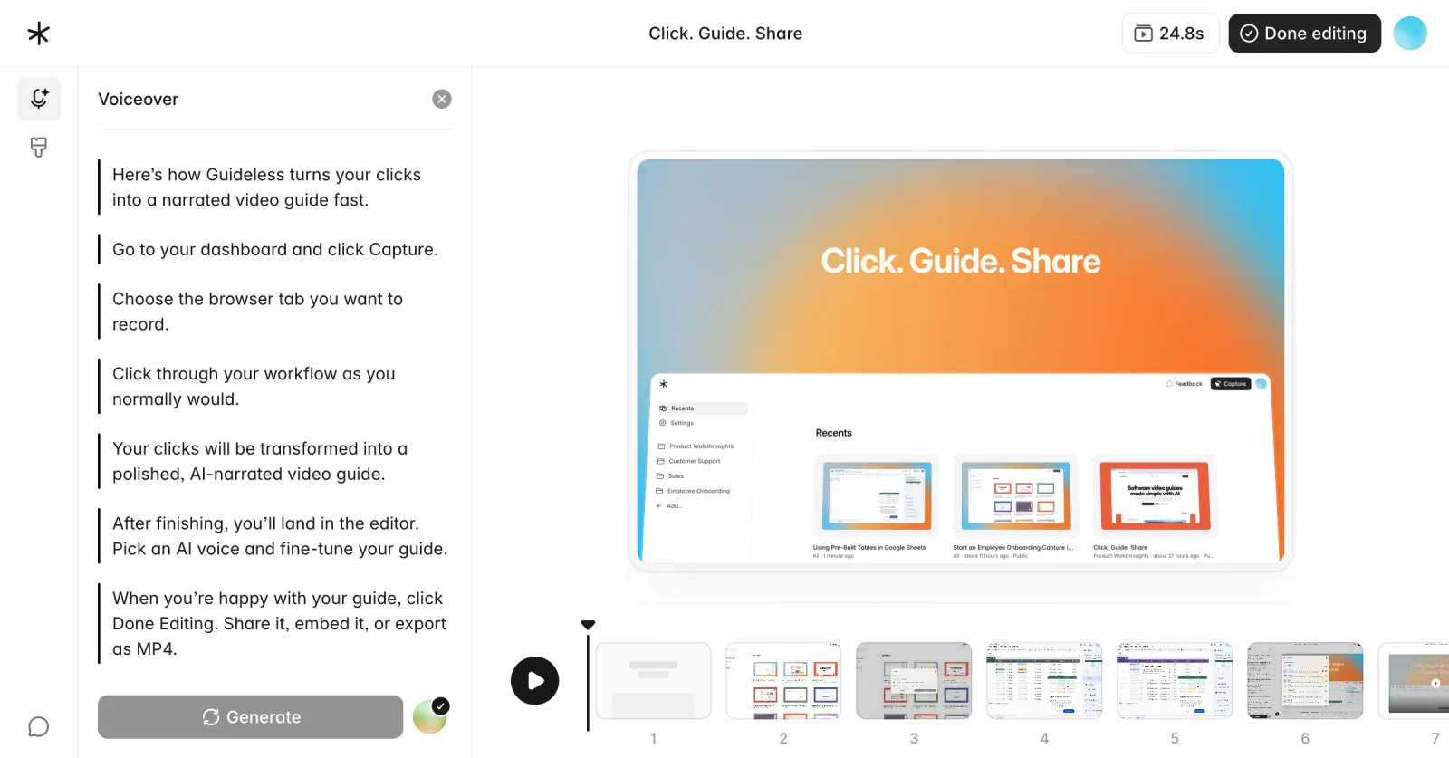 The Guideless editor: the voiceover script for each step on the left, the guide preview in the center and the numbered steps on the timeline below