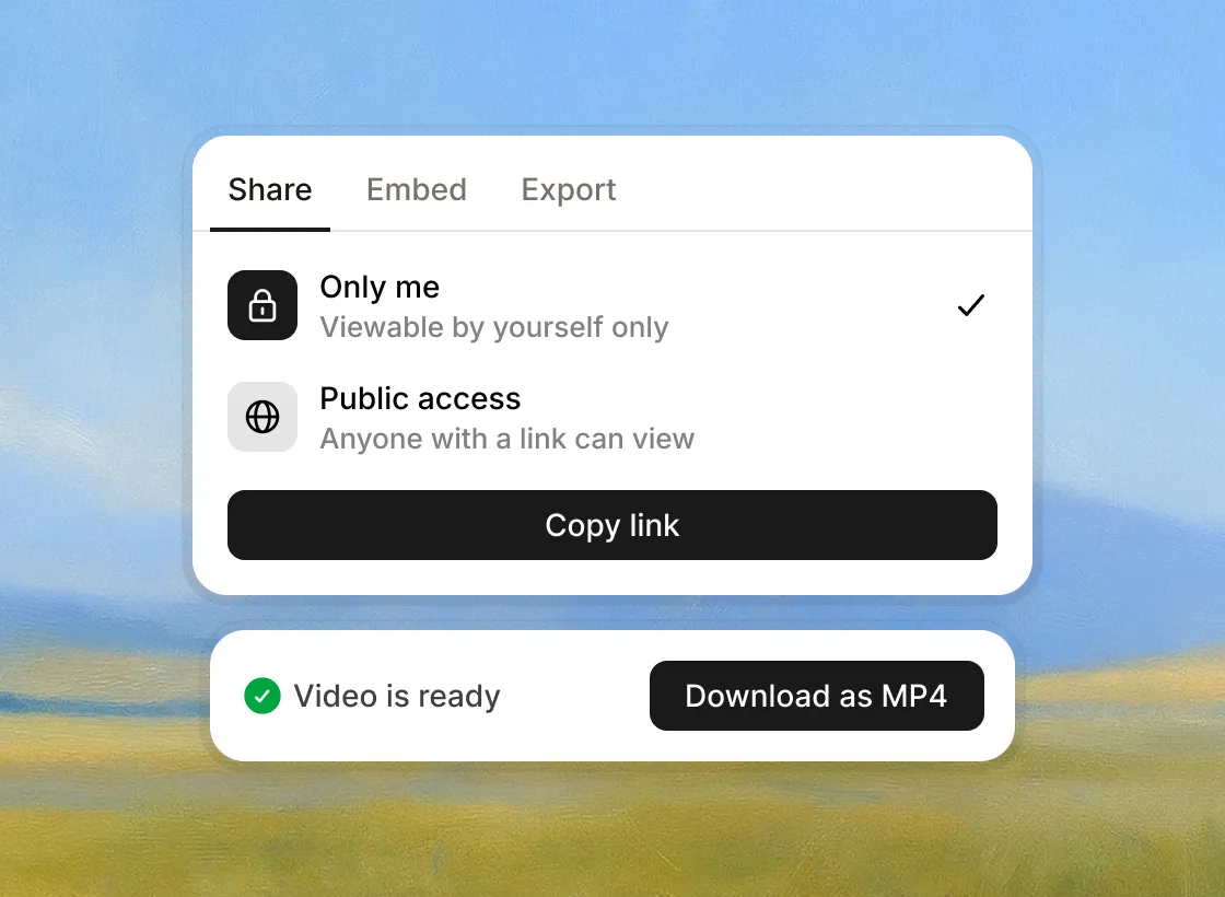 The Guideless share panel with Share, Embed and Export tabs, public link access and a Download as MP4 button