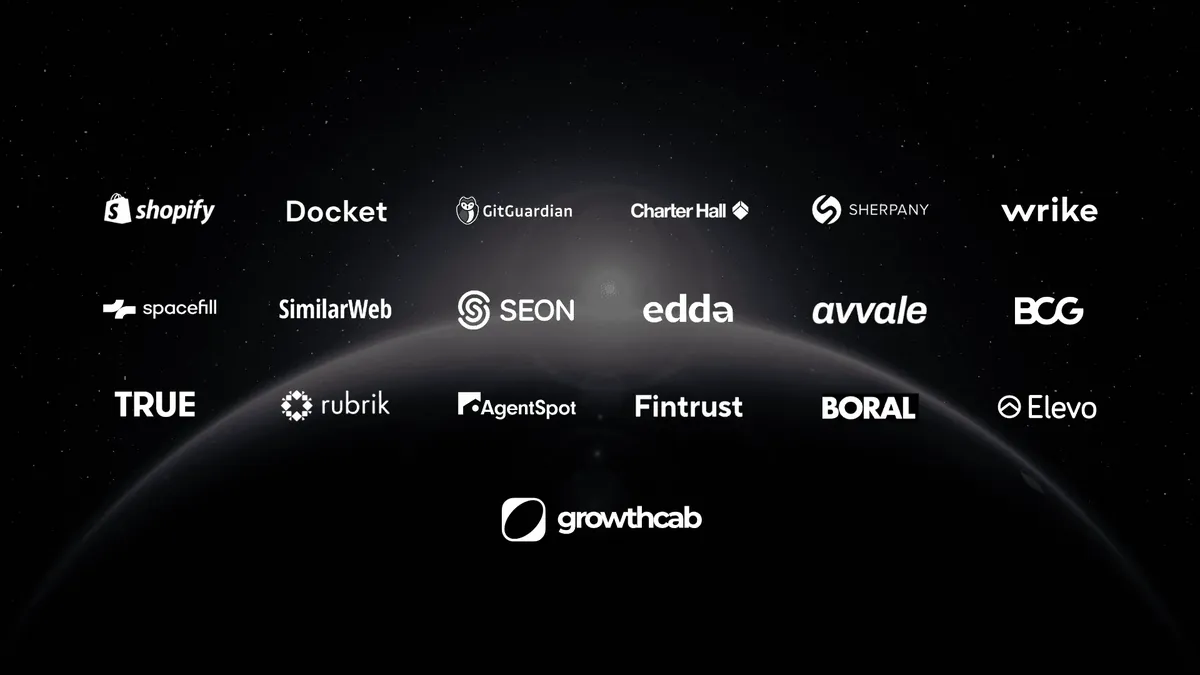 Logos of Shopify, Docket, GitGuardian, Charter Hall, Sherpany, Wrike, Spacefill, SimilarWeb, SEON, Edda, Avvale, BCG, TRUE, Rubrik, AgentSpot, Fintrust, Boral and Elevo above the Growth Cab logo