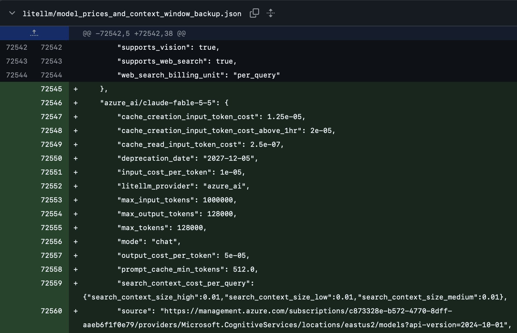 Code diff adding an azure_ai/claude-fable-5-5 entry to a model price file, with Fable 5.1 prices, a 1,000,000 token input limit and an Azure East US 2 source address