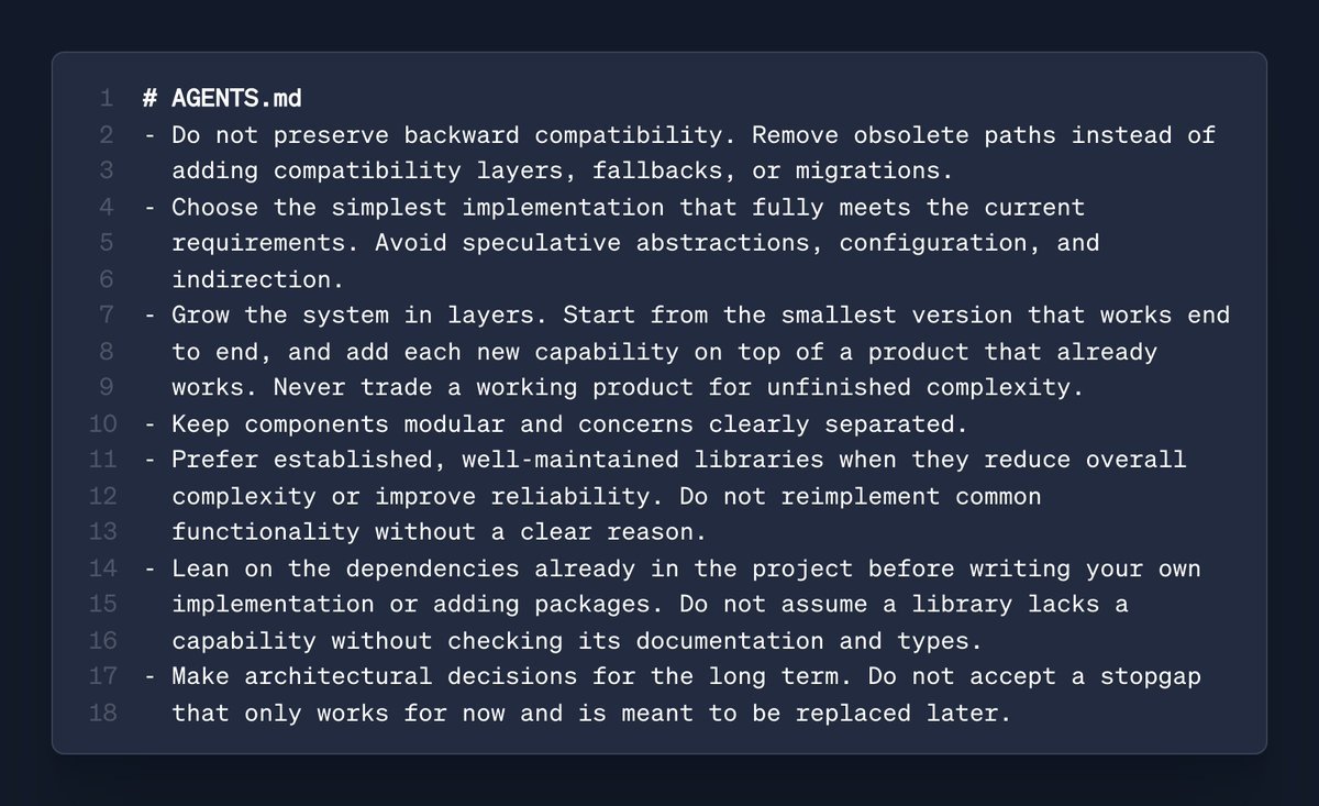 A rules file for an AI agent, listing standing instructions about choosing the simplest implementation, keeping components modular and avoiding stopgap decisions